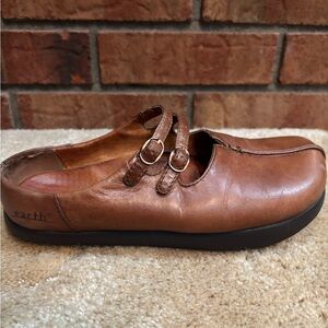Earth Brown Leather Mary-Jane Clog Mules with Double Straps